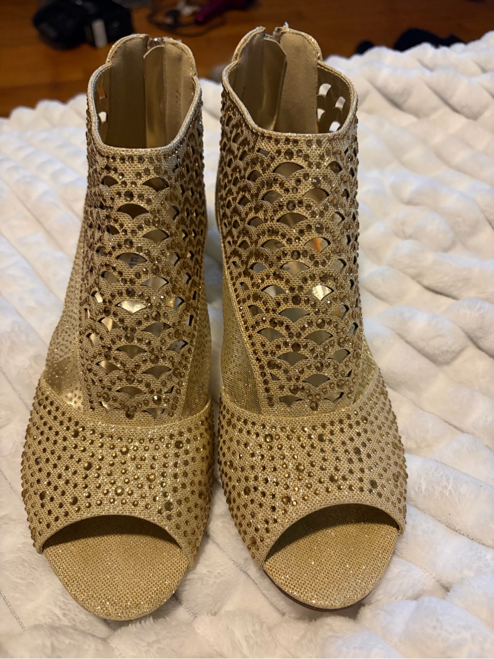 Dream Pairs Gold Peep Toe Heeled Booties with Cutout and Rhinestone Detail